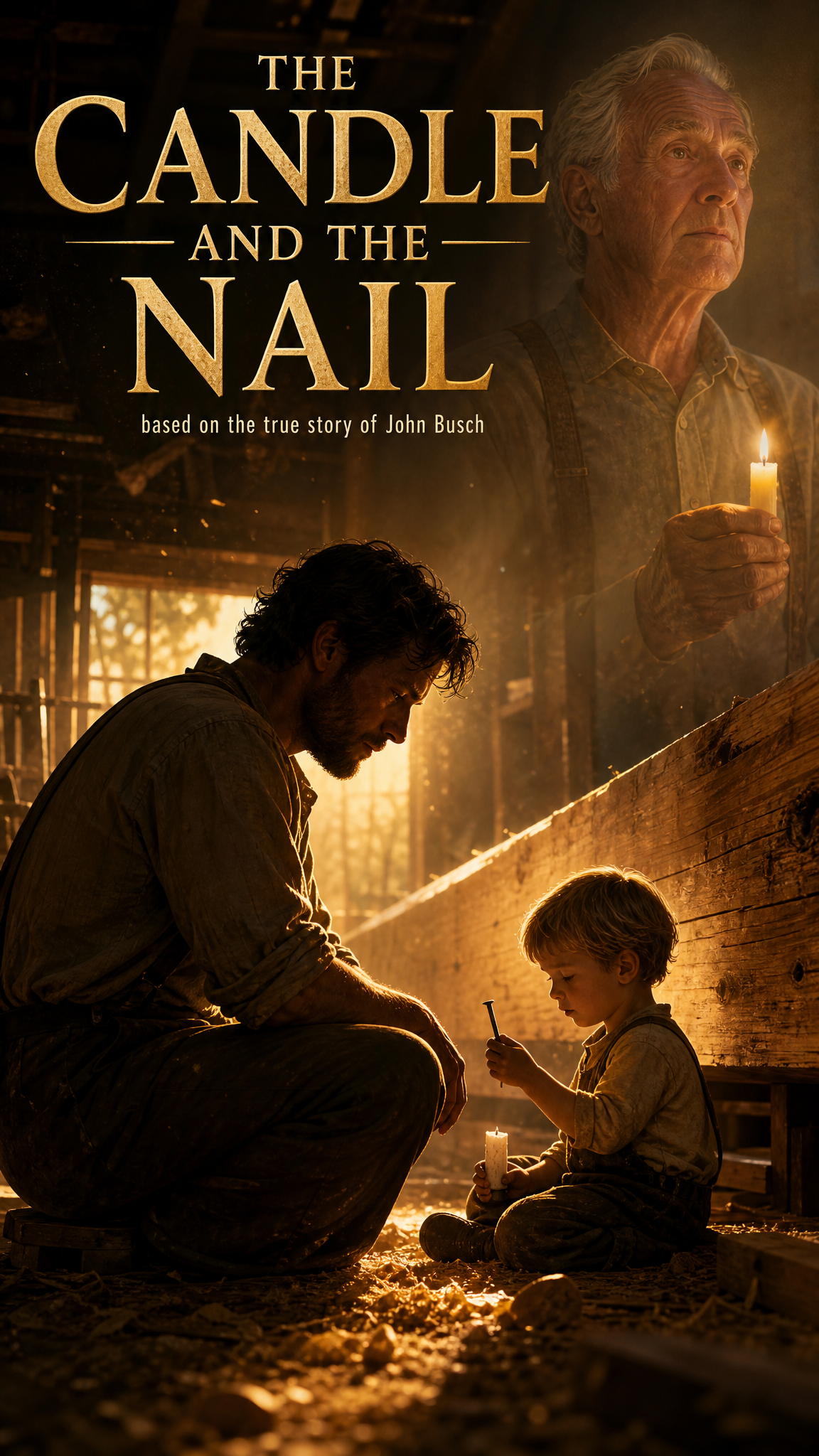 Cover art: a father and small son at a workbench in golden light, the aged John holding a candle in the background.