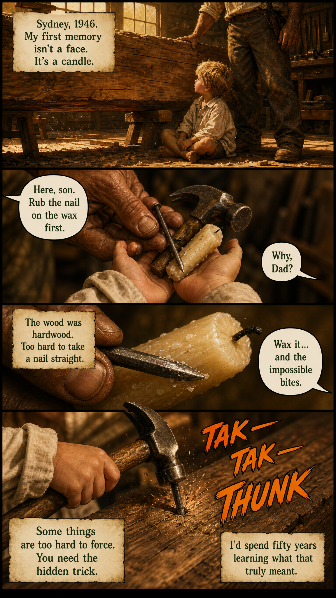 Page 1, The Hidden Trick: a toddler John sits at his father's feet in a golden workshop, learning to wax a nail before hammering it into hardwood.