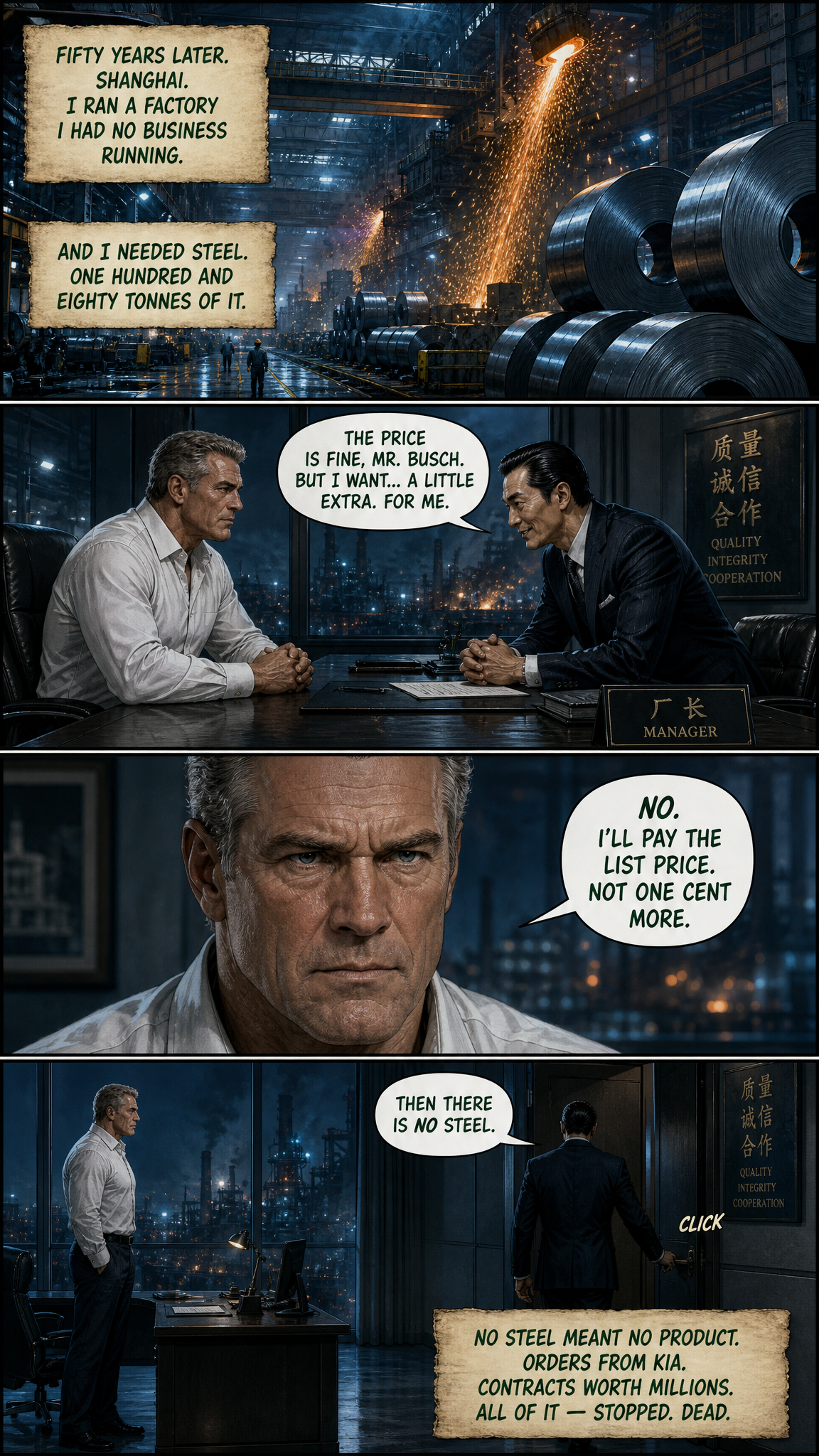 Page 2, The Deal: in a Shanghai steel mill, a manager demands a bribe from John, who refuses, and the steel deal collapses.