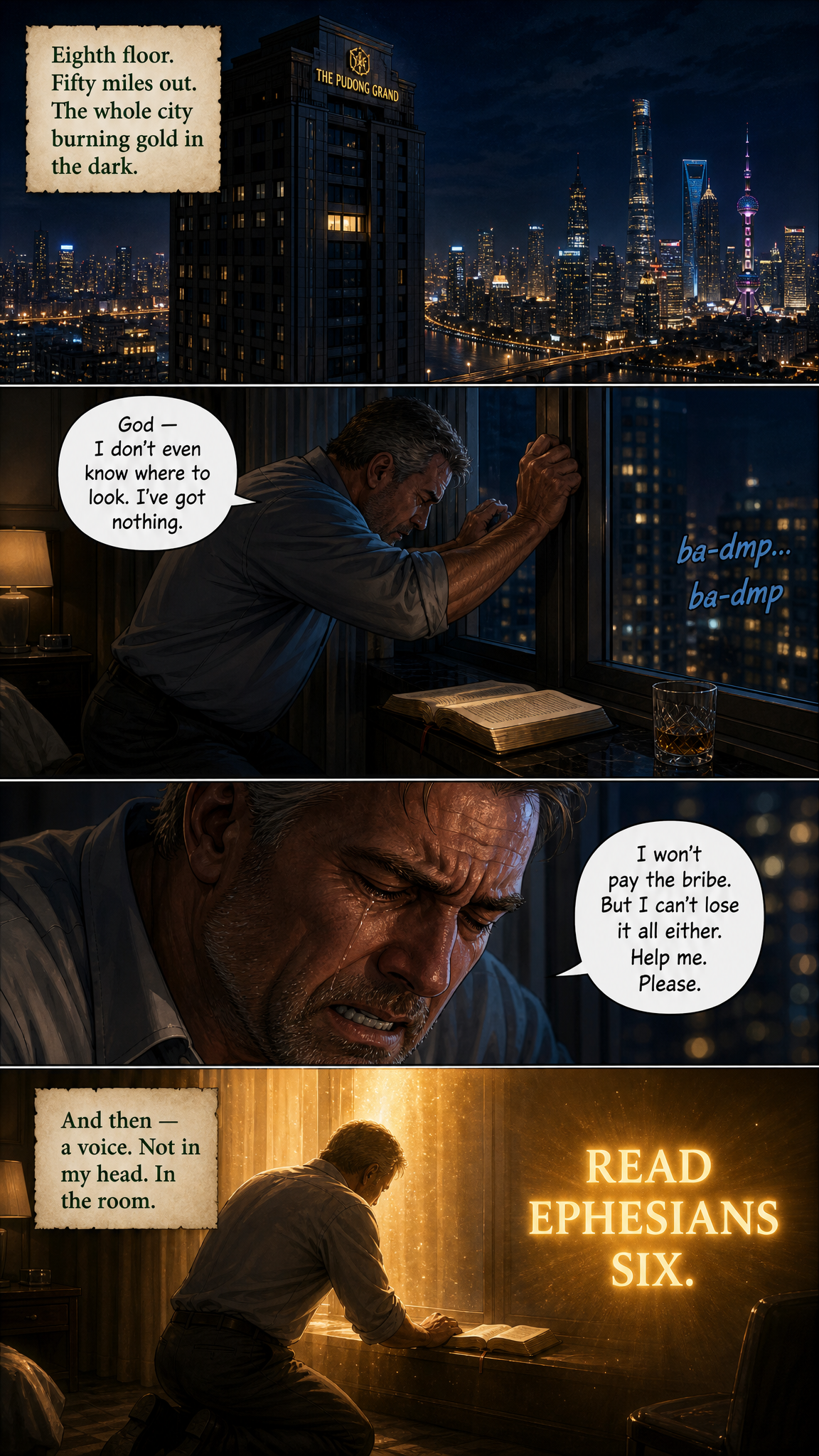 Page 3, The Cry: John kneels desperately at a hotel window over the Shanghai skyline at night and hears God's voice for the first time.