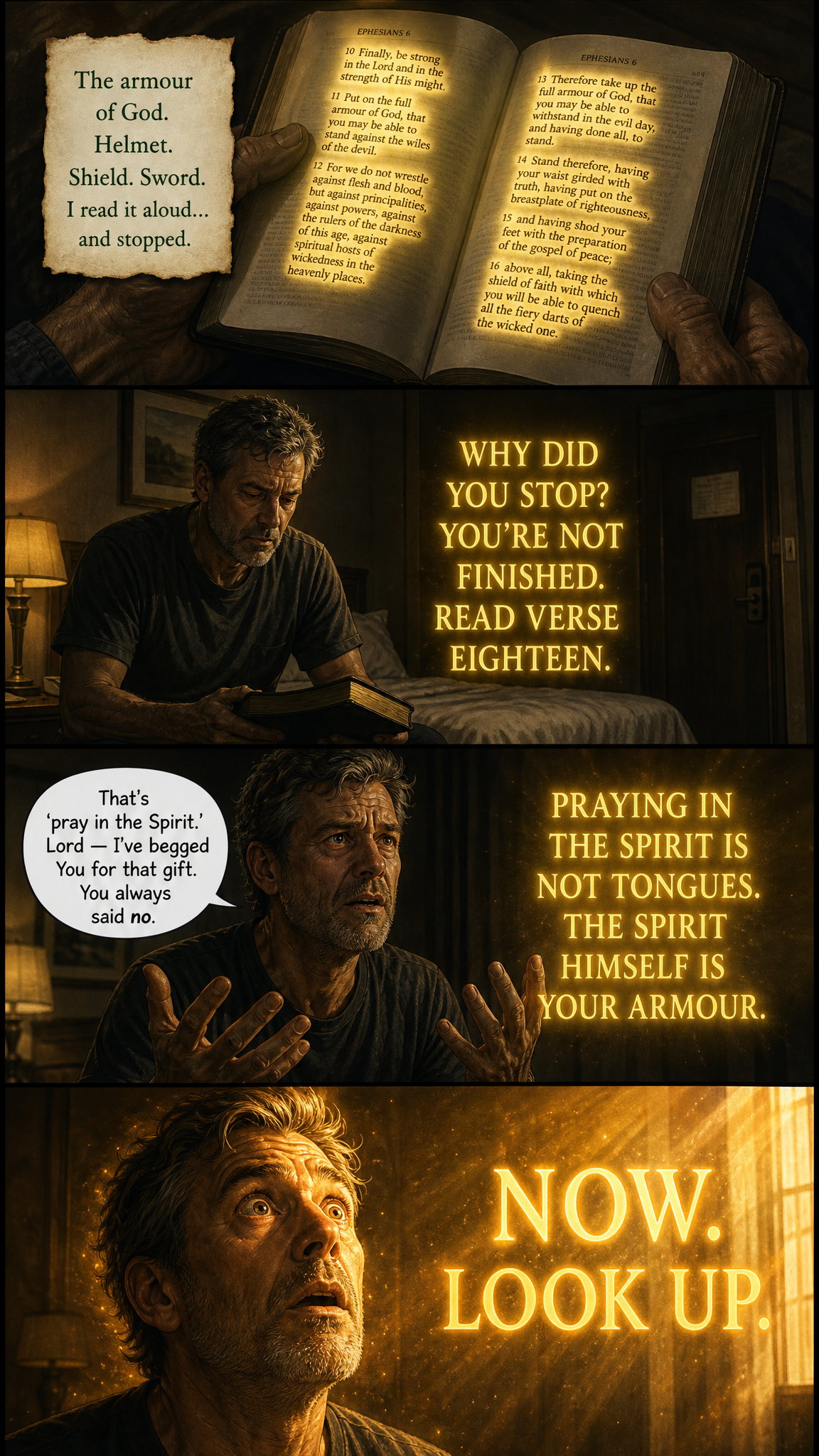 Page 4, The Word: John reads Ephesians 6 and is told by God to look up.