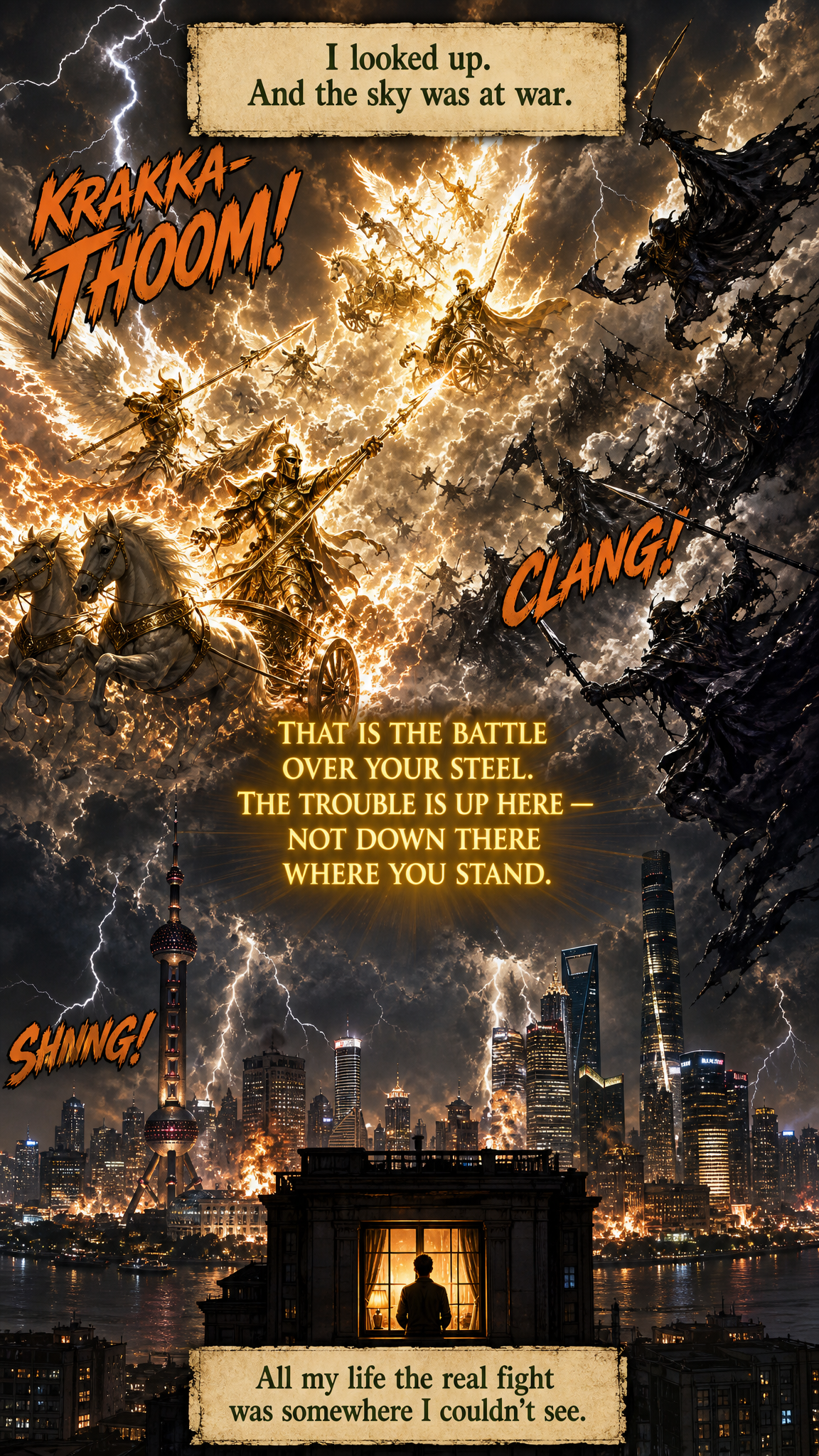 Page 5, The Battle: a full-page spiritual war rages across the Shanghai skyline above a tiny silhouette of John at his window.