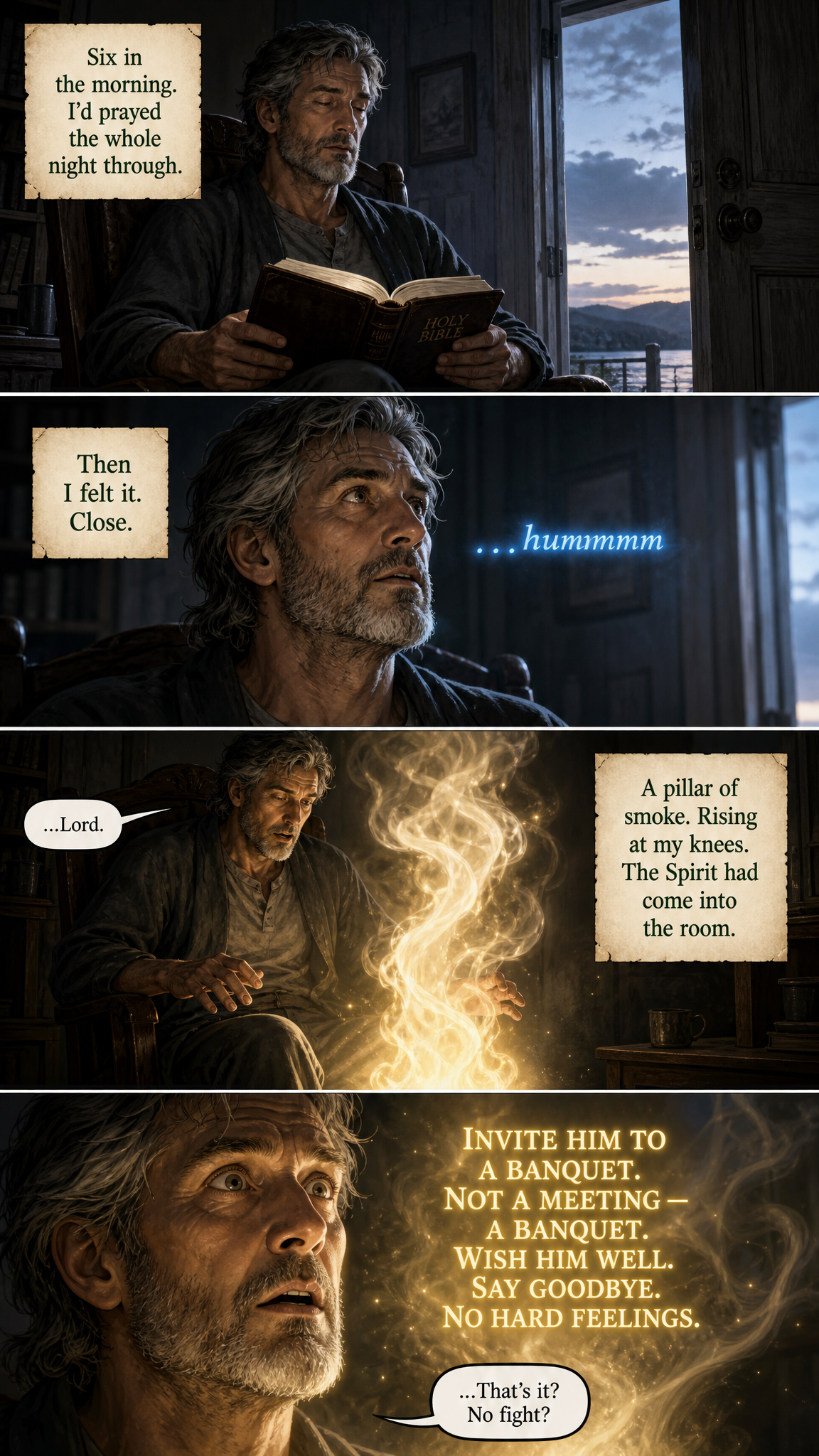 Page 6, The Column of Smoke: at dawn a pillar of glowing smoke rises at John's knees and God instructs him to hold a banquet.