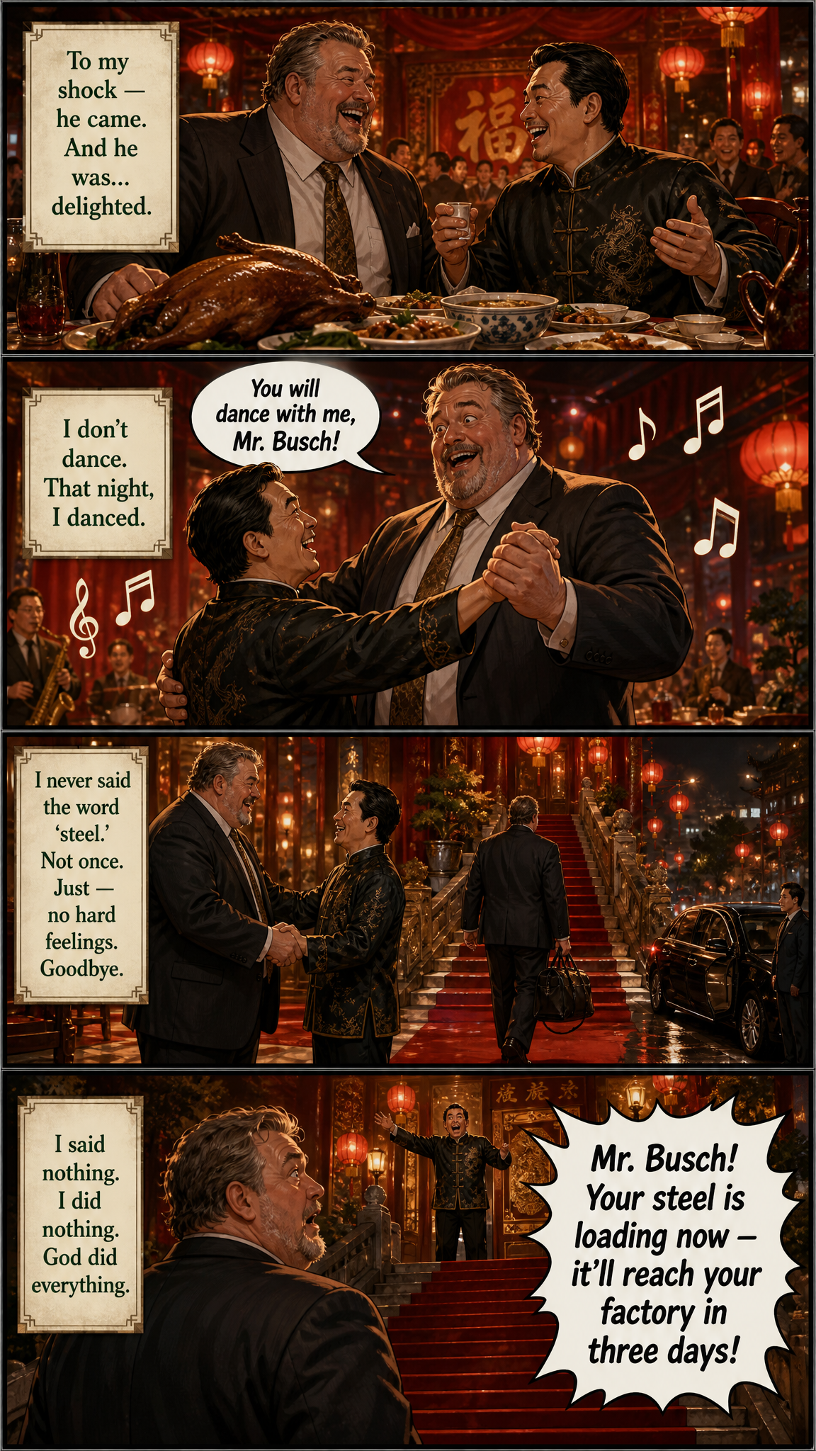 Page 7, The Banquet: John and the manager share a warm feast and dance, and the steel is released without a word about the bribe.