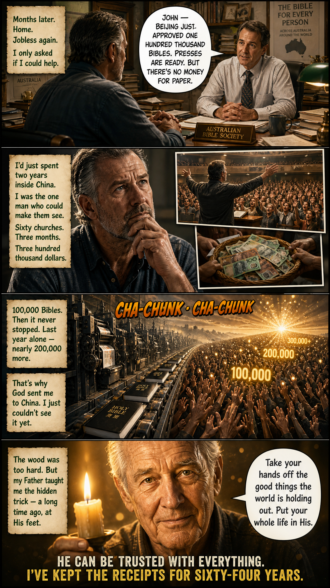 Page 8, The Reveal and the Moral: John funds 100,000 Bibles for China and, aged 82, holds a candle while delivering the story's moral to the reader.